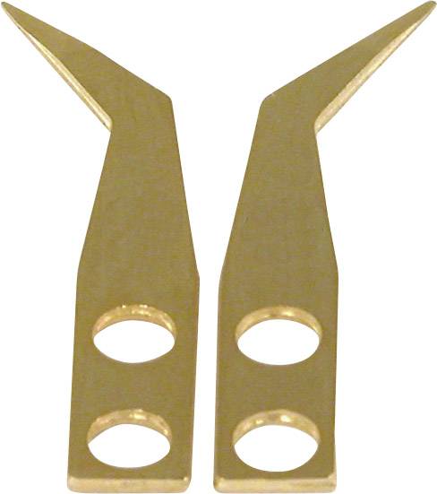 Zwei goldfarbene Metallklingen in symmetrischer Anordnung, jeweils mit zwei runden Löchern, spitz zulaufend.