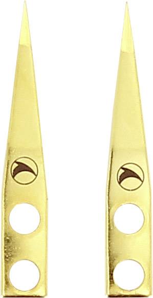 Zwei goldene, spitze Pinzetten mit Löchern zur Ergonomie. Sie sind parallel zueinander ausgerichtet.