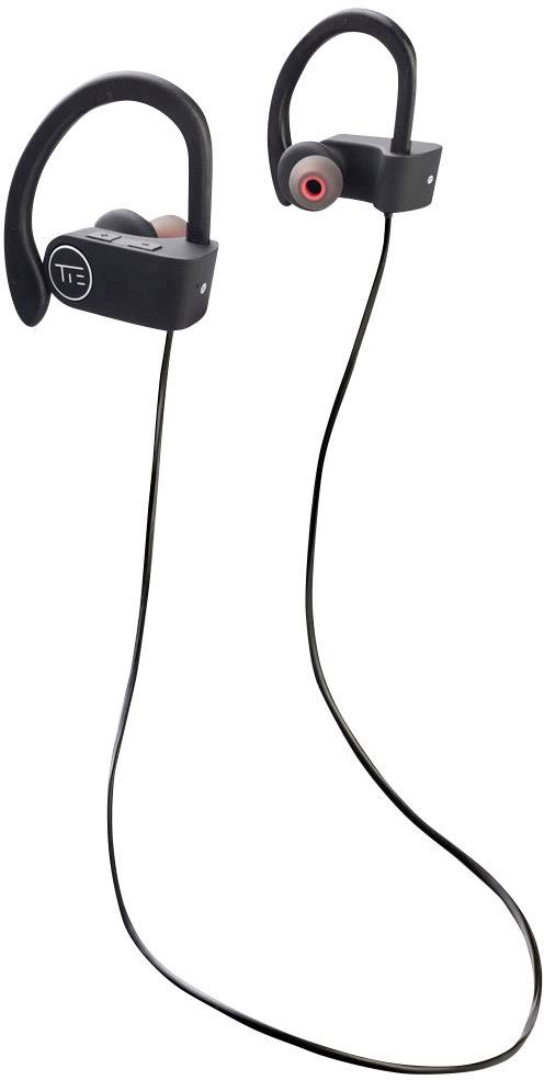 Drahtlose In-Ear-Kopfhörer mit Ohrbügel und Verbindungskabel, designed für sicheren Halt und bequemen Sitz beim Sport.