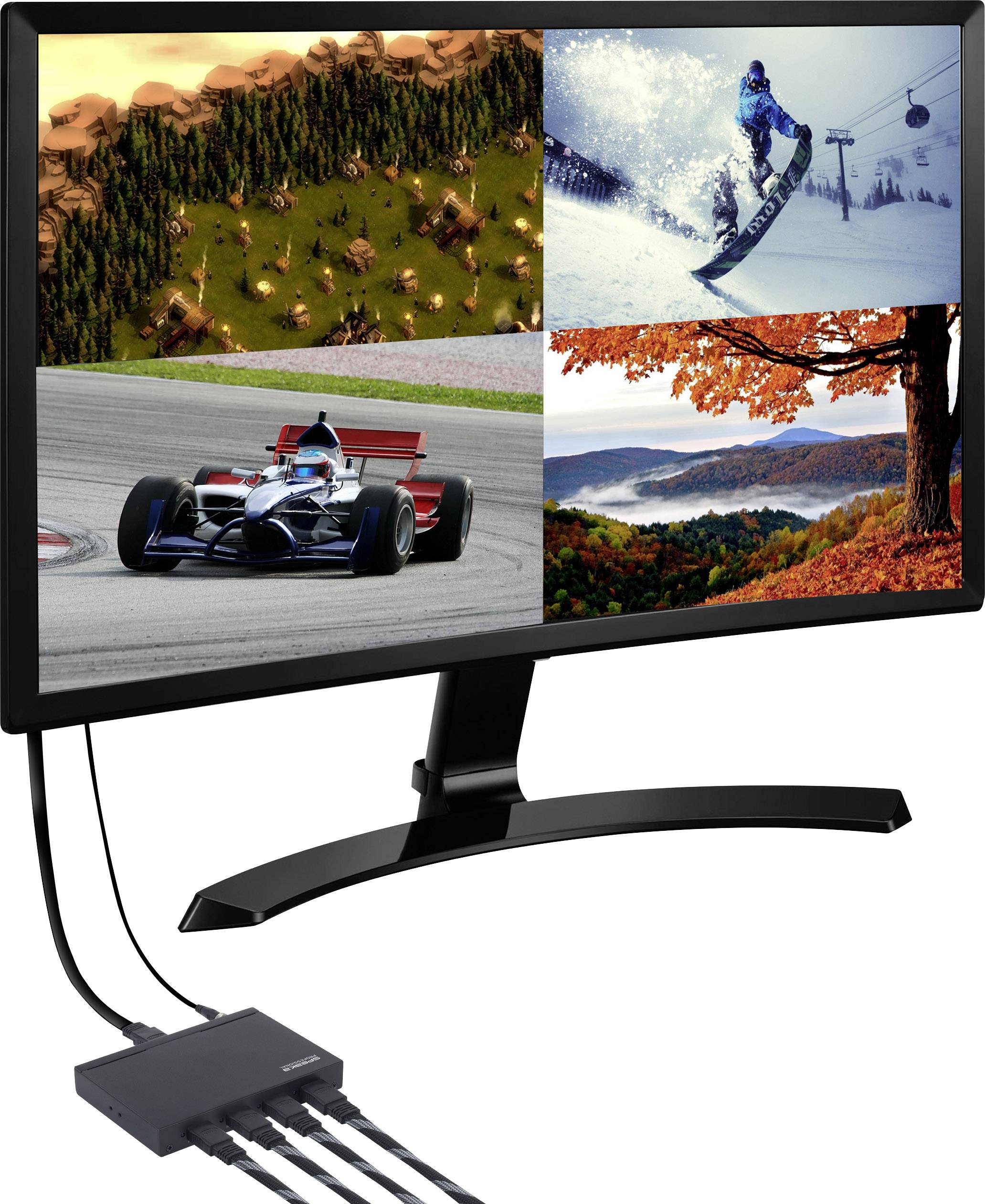 Ein Monitor zeigt vier Bilder: ein Dorf in der Natur, einen Snowboarder, ein Rennwagen auf der Strecke und eine Herbstlandschaft.