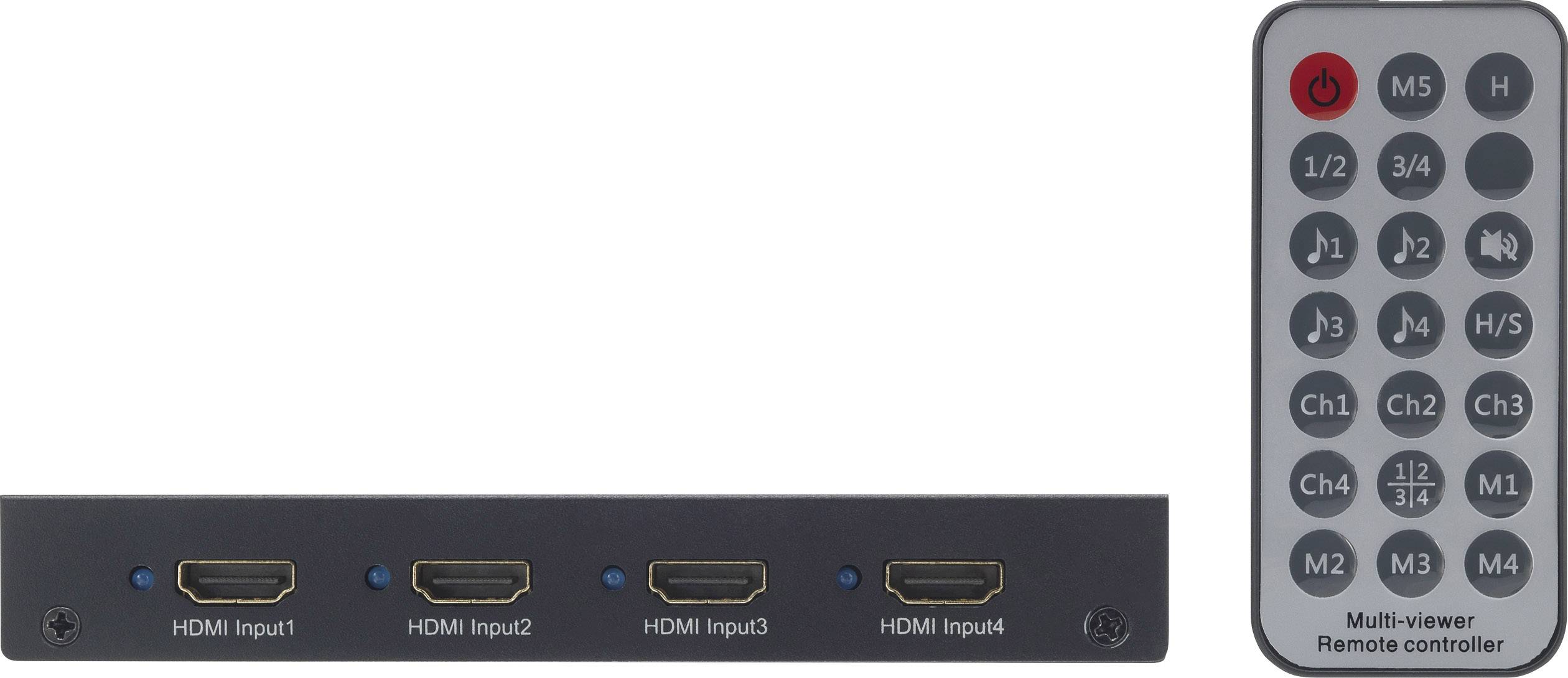 Ein HDMI-Switch mit 4 Eingängen und dazugehöriger Fernbedienung. Oben: Einschaltknopf und Tasten zur Auswahl von HDMI-Kanälen.