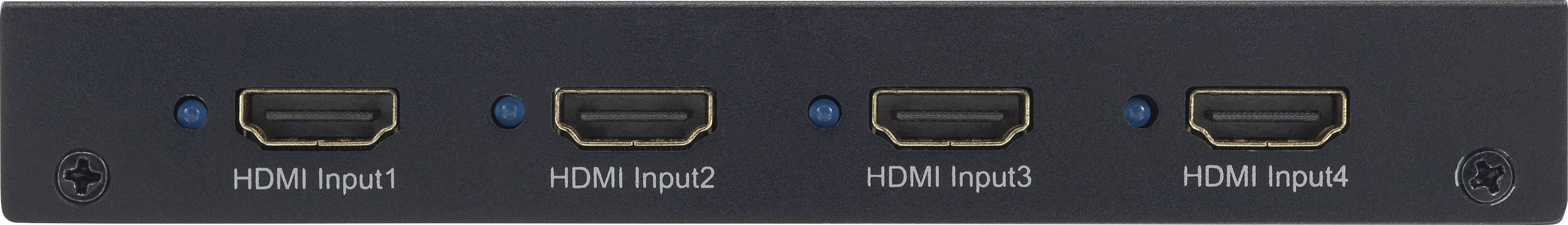 Vier HDMI-Eingänge auf einem schwarzen Gerät, gekennzeichnet als 'HDMI Input1', 'HDMI Input2', 'HDMI Input3' und 'HDMI Input4'.