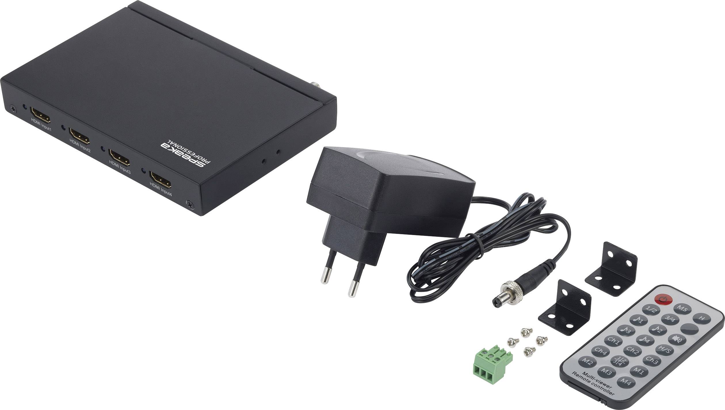 Ein HDMI-Splitter mit Netzteil, Fernbedienung und Befestigungselementen, geeignet zur Verteilung eines HDMI-Signals auf mehrere Geräte.