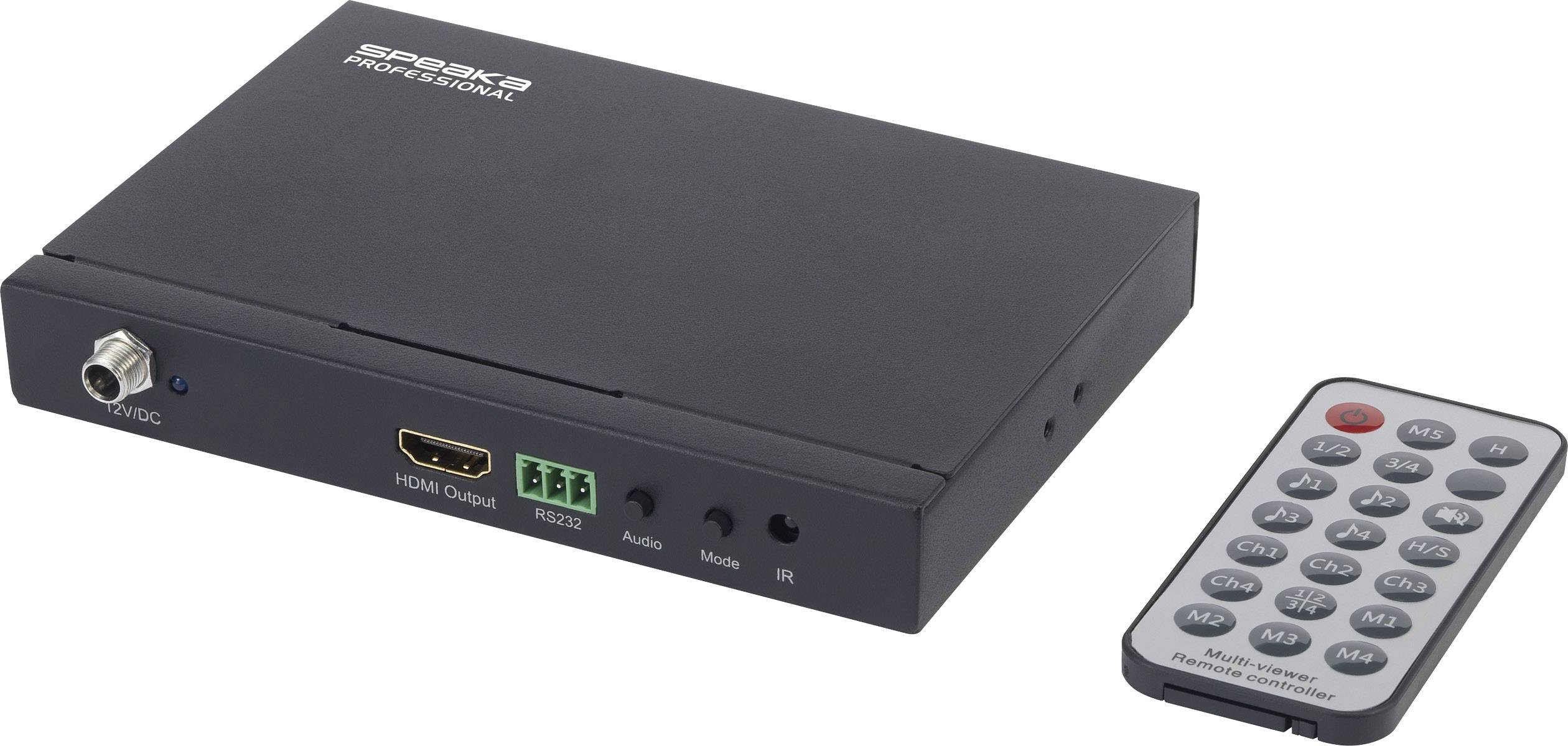 Schwarzes elektronisches Gerät mit HDMI-Anschluss und Fernbedienung. Verwendet für Videoübertragung oder Mediensteuerung.
