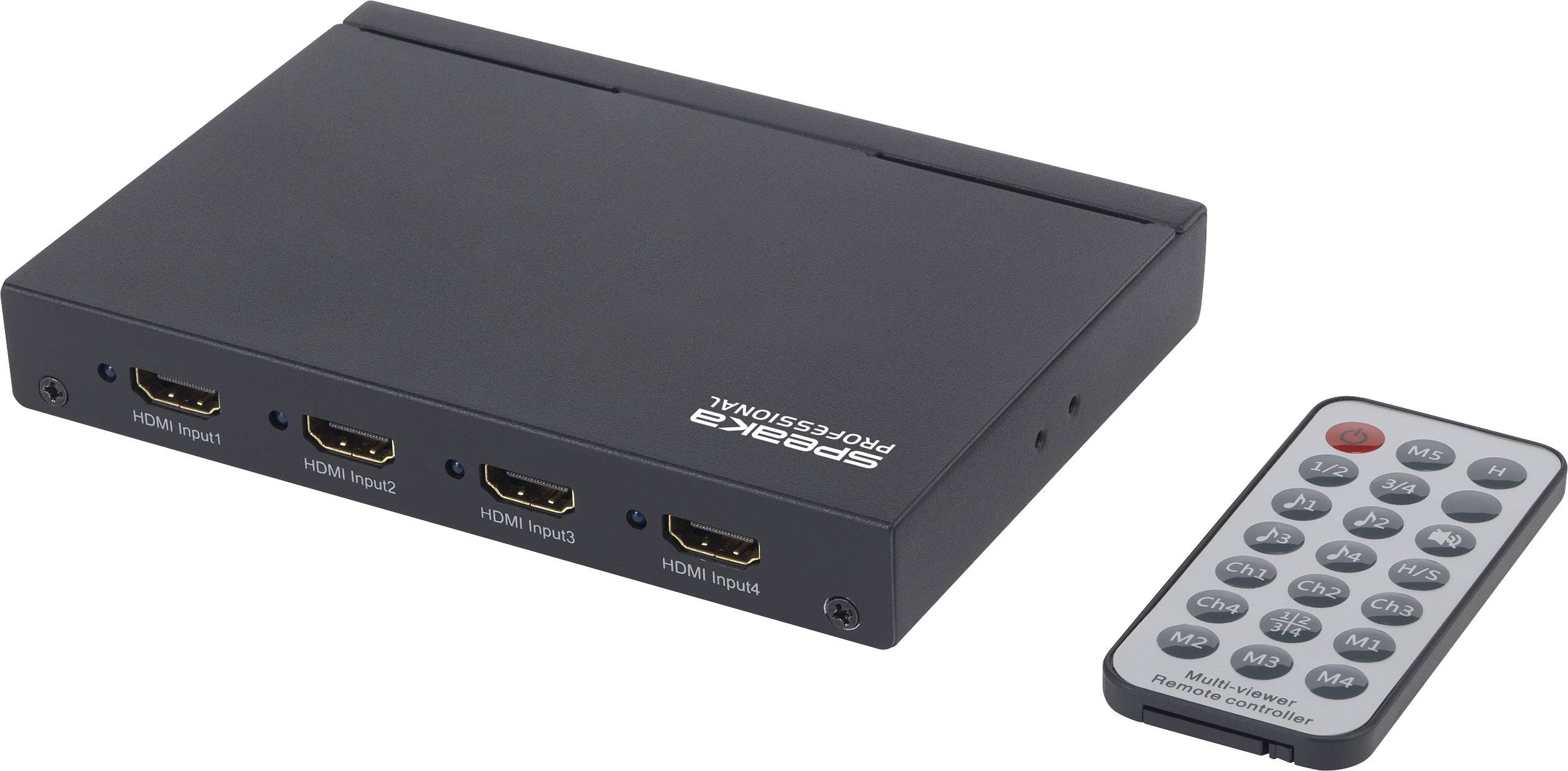 Ein schwarzer HDMI-Switch mit vier HDMI-Eingängen und einer Fernbedienung.
