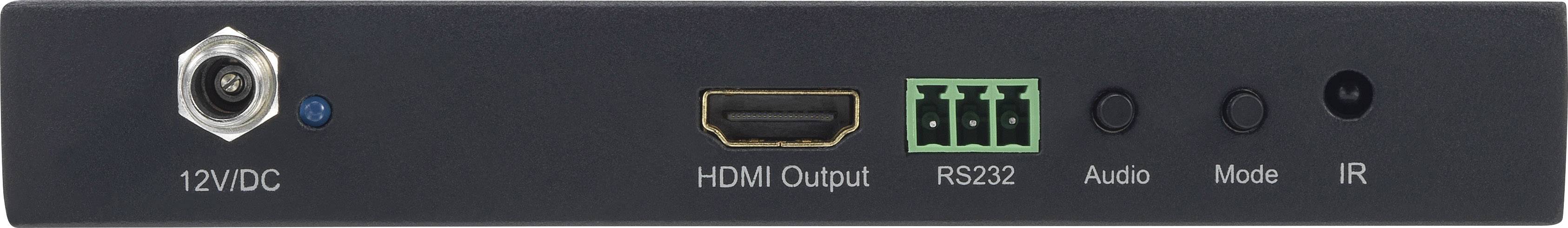Rückseite eines Elektronikgeräts mit Anschlüssen: 12VDC, HDMI-Ausgang, RS232, Audio, Mode und IR.