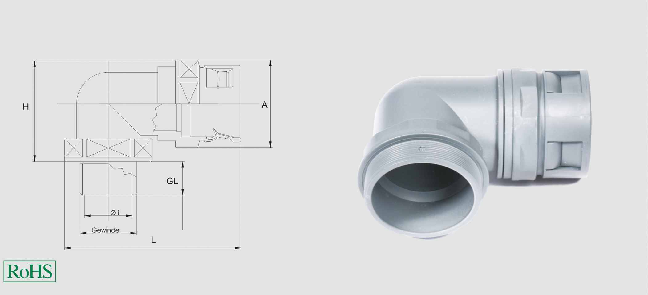PVC-Winkelverbinder und technisches Zeichnungsdiagramm; zeigt Maße und Details des Verbinders, RoHS-konform.