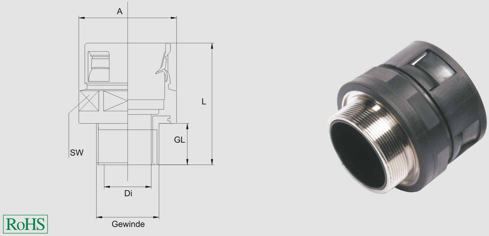 Technische Zeichnung und Foto eines Kabelverschraubungsteils mit Gewinde. Beschriftungen: 'A', 'L', 'GL', 'SW', 'Di', 'Gewinde'.