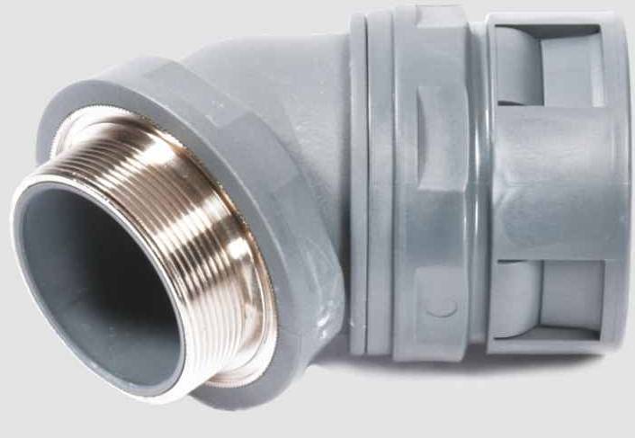 Ein graues, gewinkeltes Kunststoffrohr mit einem silbernen Metallgewinde, das für den Anschluss in Installationen verwendet wird.