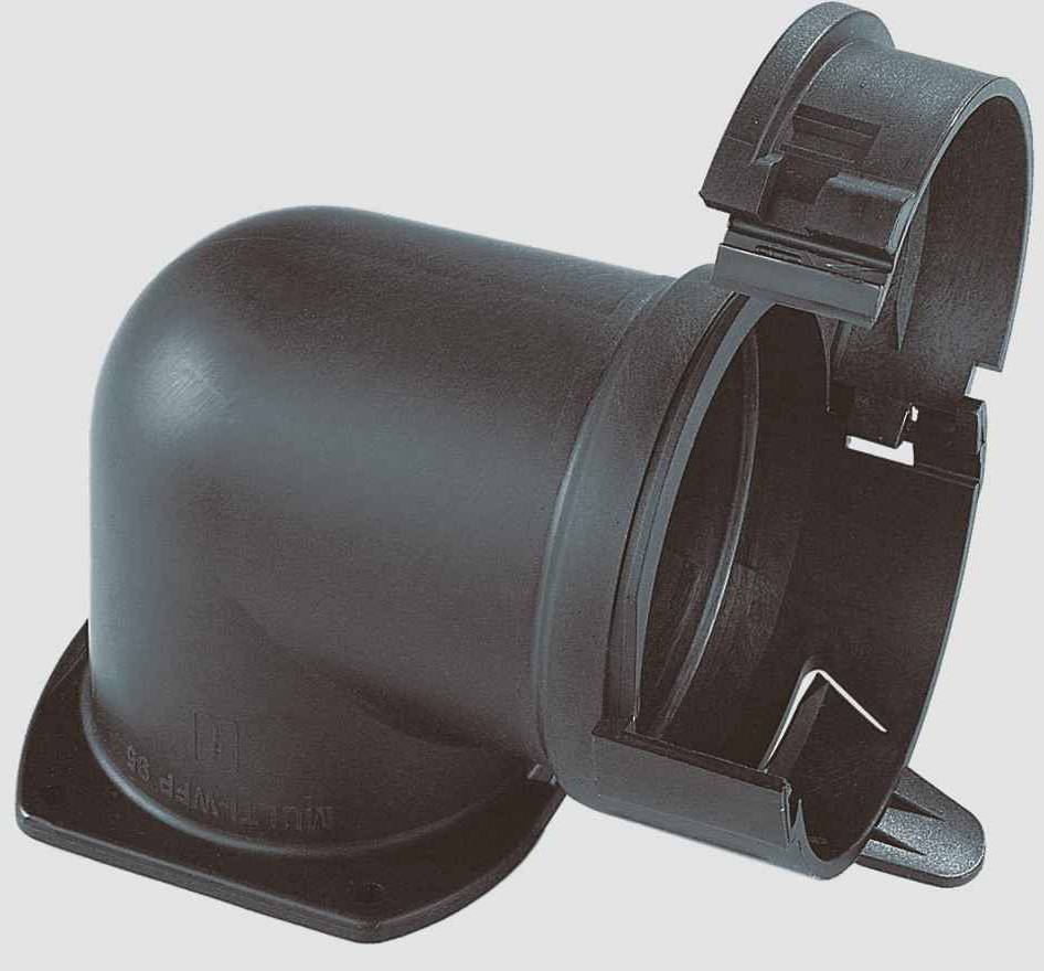 Schwarzes Kunststoff-Bauteil in abgewinkelter Form mit Befestigungsklammern, möglicherweise Teil einer Kabel- oder Rohrverbindung.