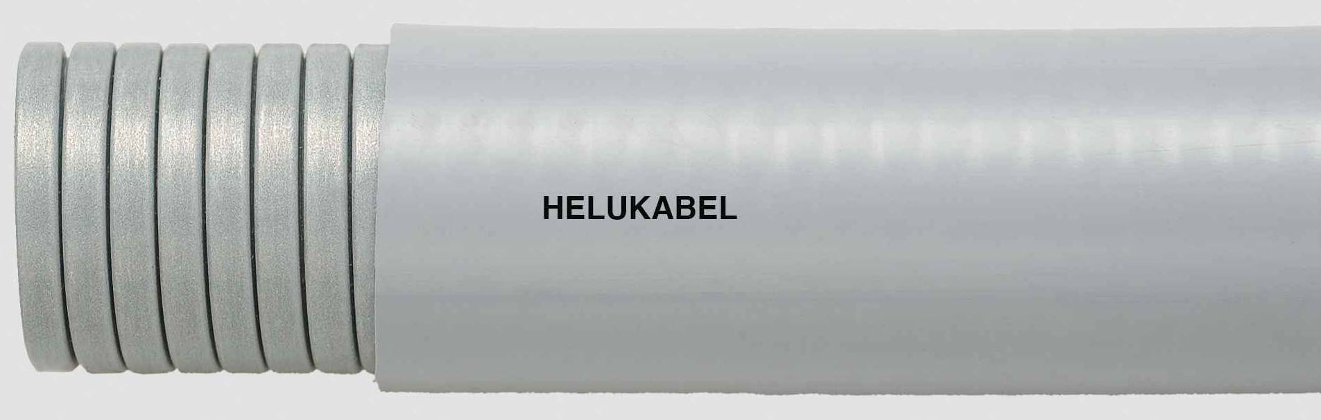 Flexibles Metallrohr mit glatter Oberfläche und der Aufschrift 'HELUKABEL'. Wird zur Kabelschutzanwendung verwendet.
