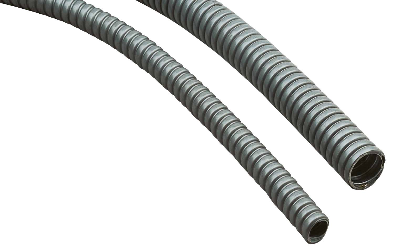 Zwei flexible, metallisch graue Wellrohre mit gerippter Oberfläche, die zur Kabelabdeckung oder Schutz verwendet werden können.