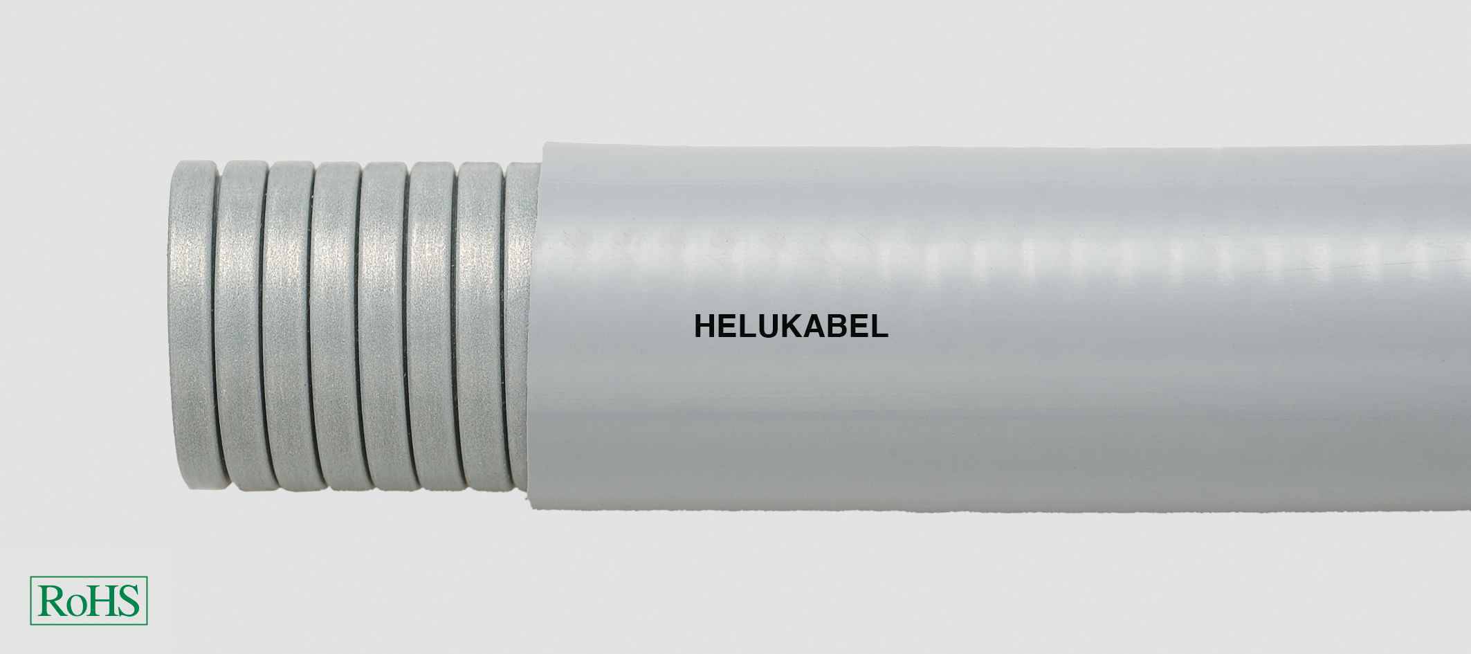Flexibles graues Kabel mit der Aufschrift 'HELUKABEL'. Ein grünes Quadrat mit 'RoHS' in der unteren Ecke zeigt Umweltkonformität an.