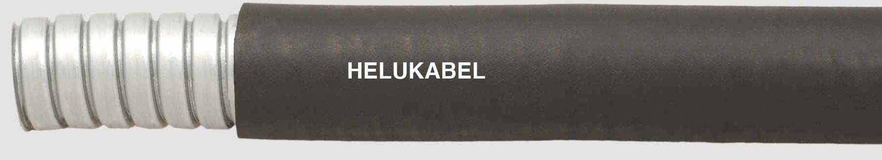 Das Bild zeigt ein isoliertes Kabel, bedruckt mit dem Wort 'HELUKABEL'. Das Kabel hat eine metallische Spiralschicht links.