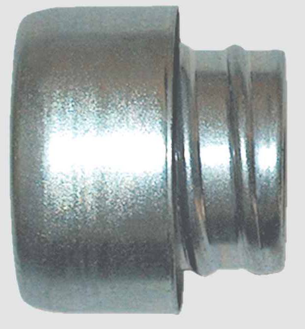 Metallischer Adapter mit zylindrischer Form und Rillen, seitliche Ansicht. Verwendet für Rohrverbindungen oder Maschinenkomponenten.