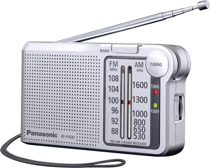 Ein tragbares Panasonic-Radio mit FM/AM-Empfang, Tuning- und Lautstärkereglern, ausziehbarer Antenne und Handschlaufe.