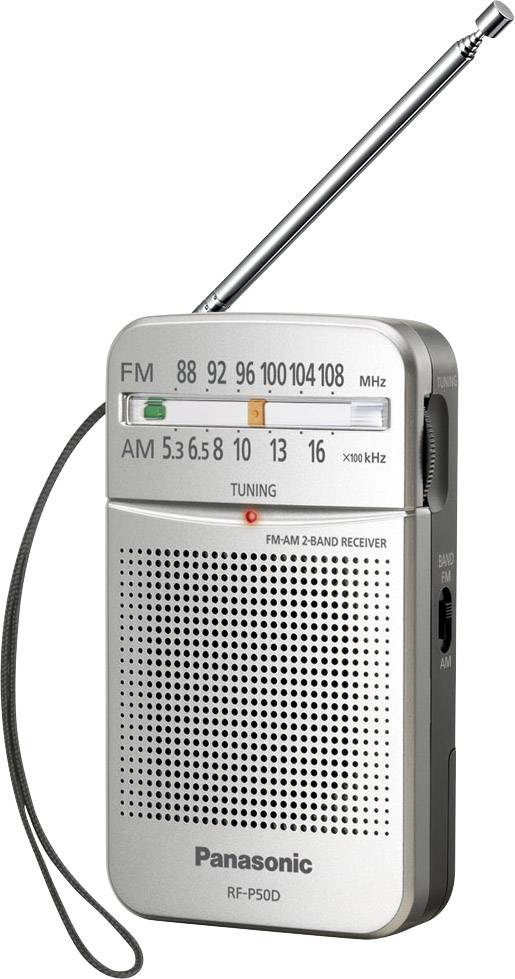 Tragbares Radio mit Teleskopantenne von Panasonic. Zeigt FM- und AM-Skalen zur Sendereinstellung. Kompaktes Design mit Trageschlaufe.