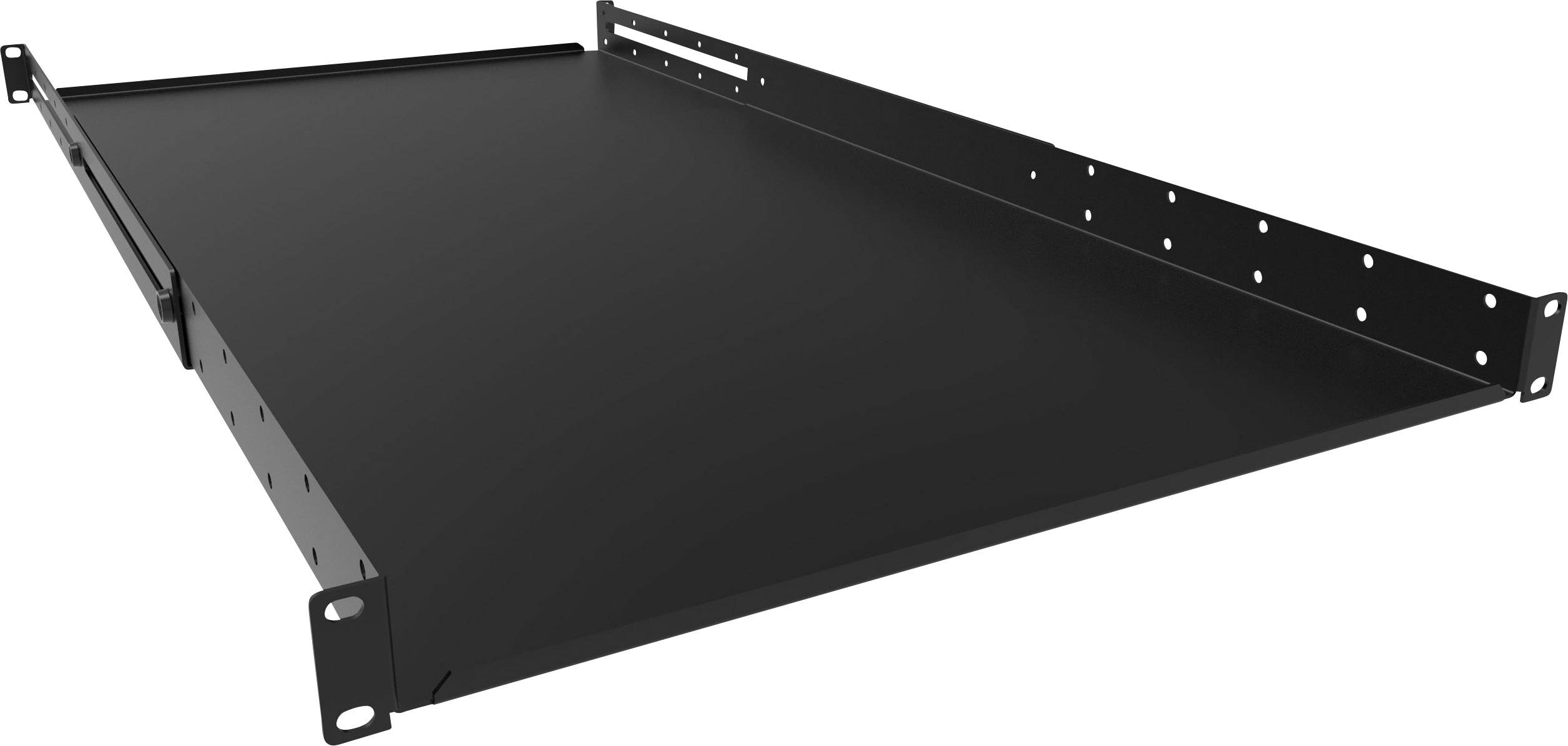Schwarzes, rechteckiges Rack-Montagefach mit vorgebohrten Löchern zur Befestigung in einem Server- oder Netzwerkschrank.