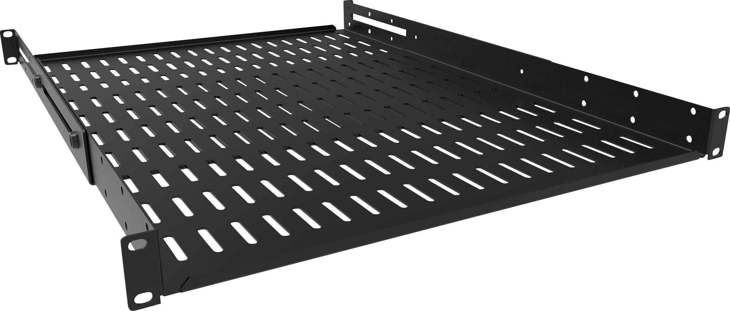 Regalboden aus Metall mit Belüftungslöchern, geeignet für die Montage in einem Server-Rack.