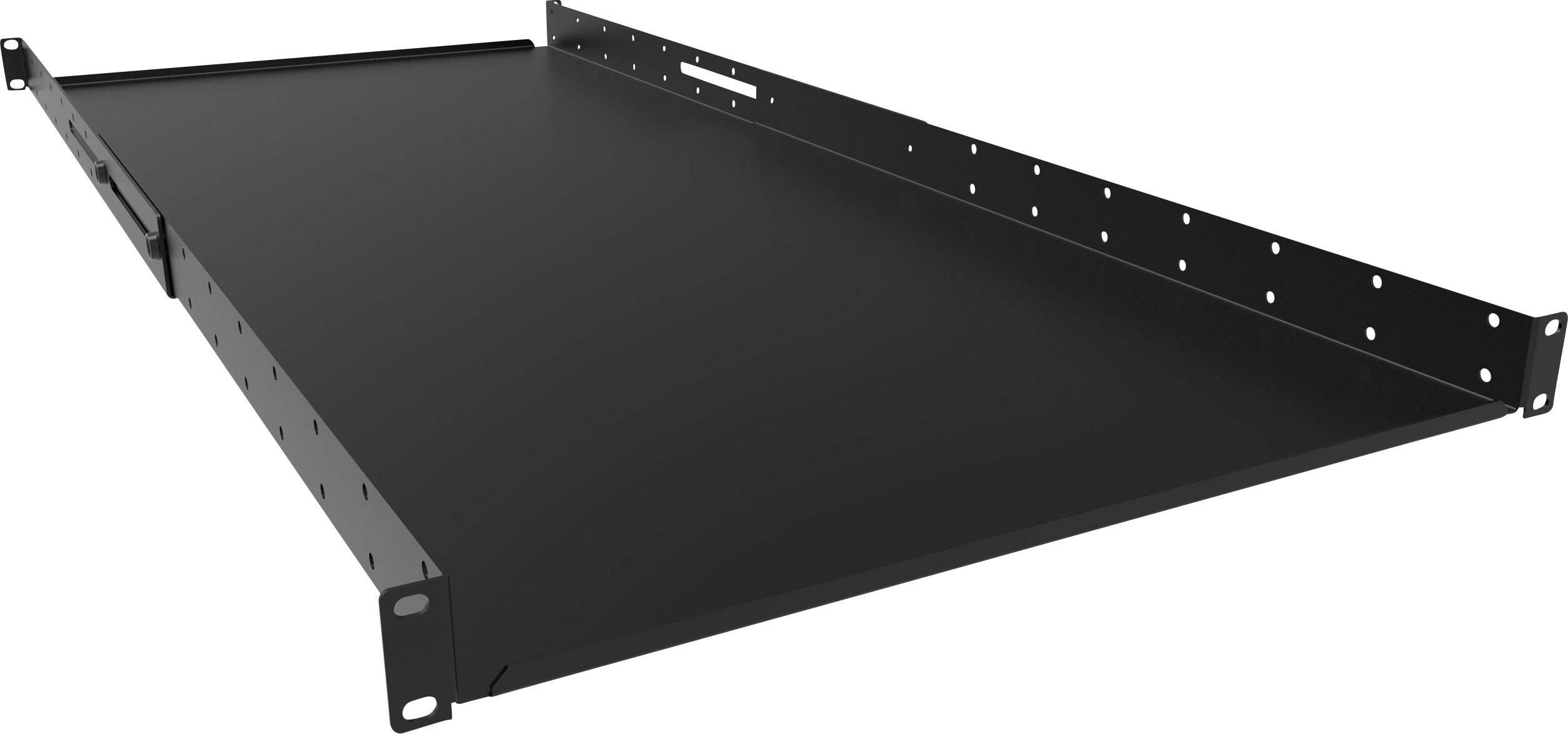 Schwarzes einstellbares Metallregal für Serverracks, mit Löchern für flexible Montageanpassung.