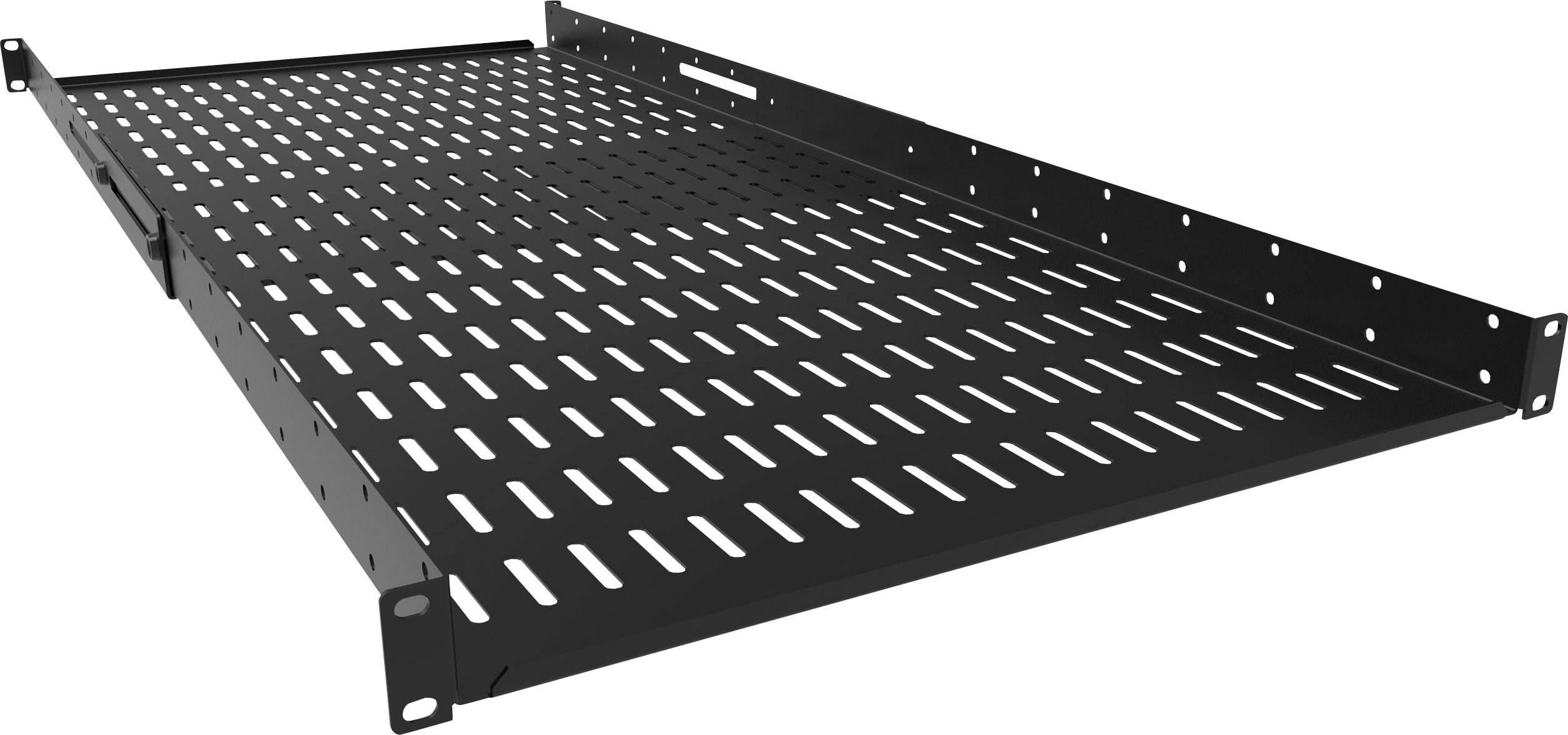 Ein schwarzes, perforiertes Gerätefach oder Ablagefach, typischerweise in einem Server-Rack verwendet, zur Unterstützung von Geräten.