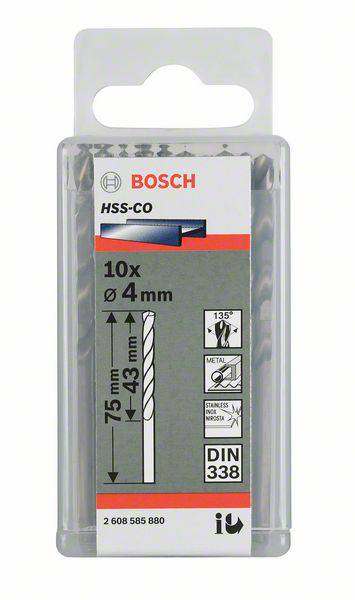 Verpackung eines 10er-Sets Bosch HSS-CO Metallbohrer, 4 mm Durchmesser, 75 mm Länge, Typ DIN 338, geeignet für Metall.
