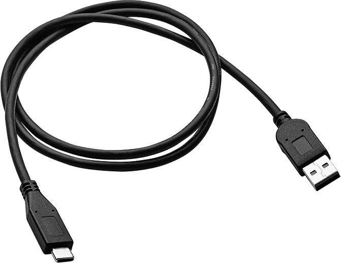 Schwarzes USB-Kabel mit USB-A-Stecker auf der einen und USB-C-Stecker auf der anderen Seite in gebogenem Zustand.