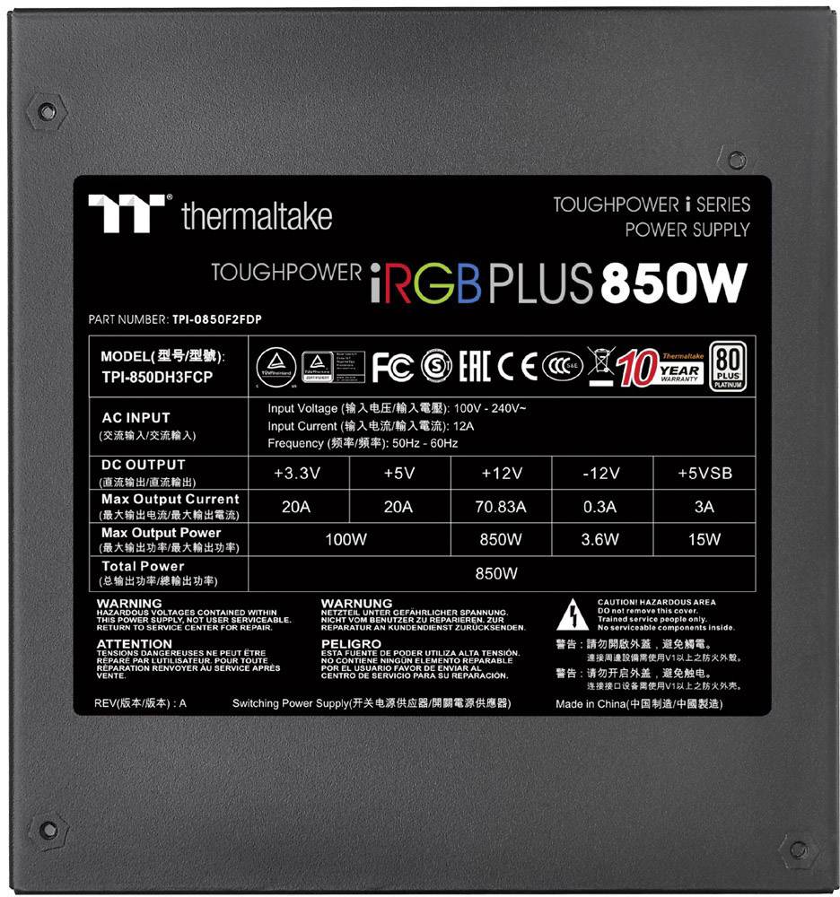 Thermaltake Toughpower iRGB PC Netzteil 850 W ATX 80PLUS® Platinum