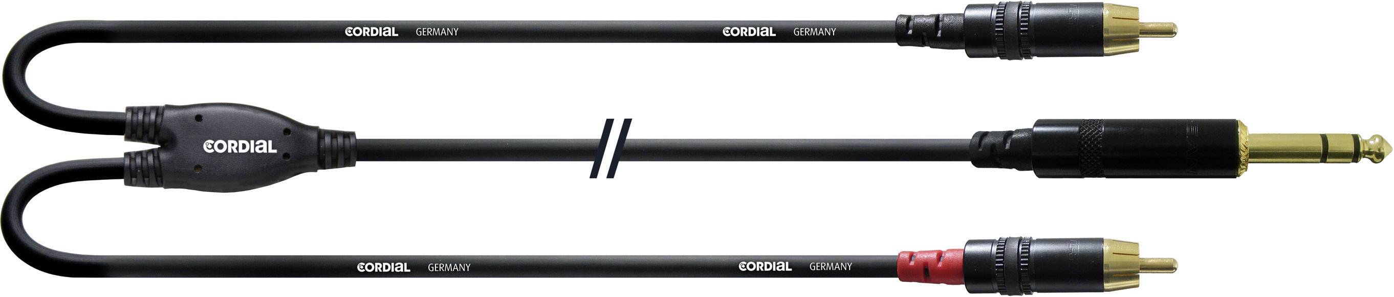 Zweifaches Audiokabel, links ein Audiokabel mit 6,3-mm-Klinkenstecker, rechts mit zwei Cinch-Steckern, schwarz mit goldenen Kontakten.