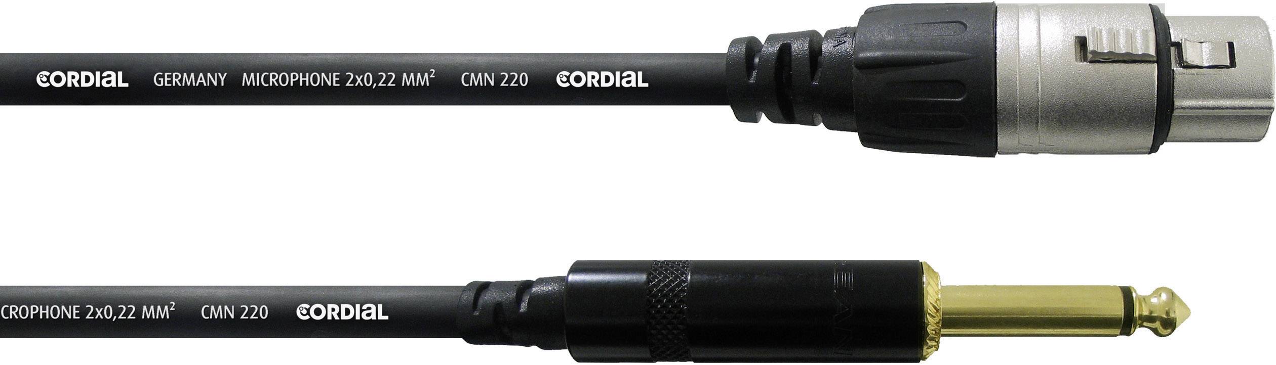 Schwarzes Mikrofonkabel mit XLR- und Klinkenstecker von Cordial. Text auf Kabel: Cordial Germany Microphone 220,22 mm² CMM 220.