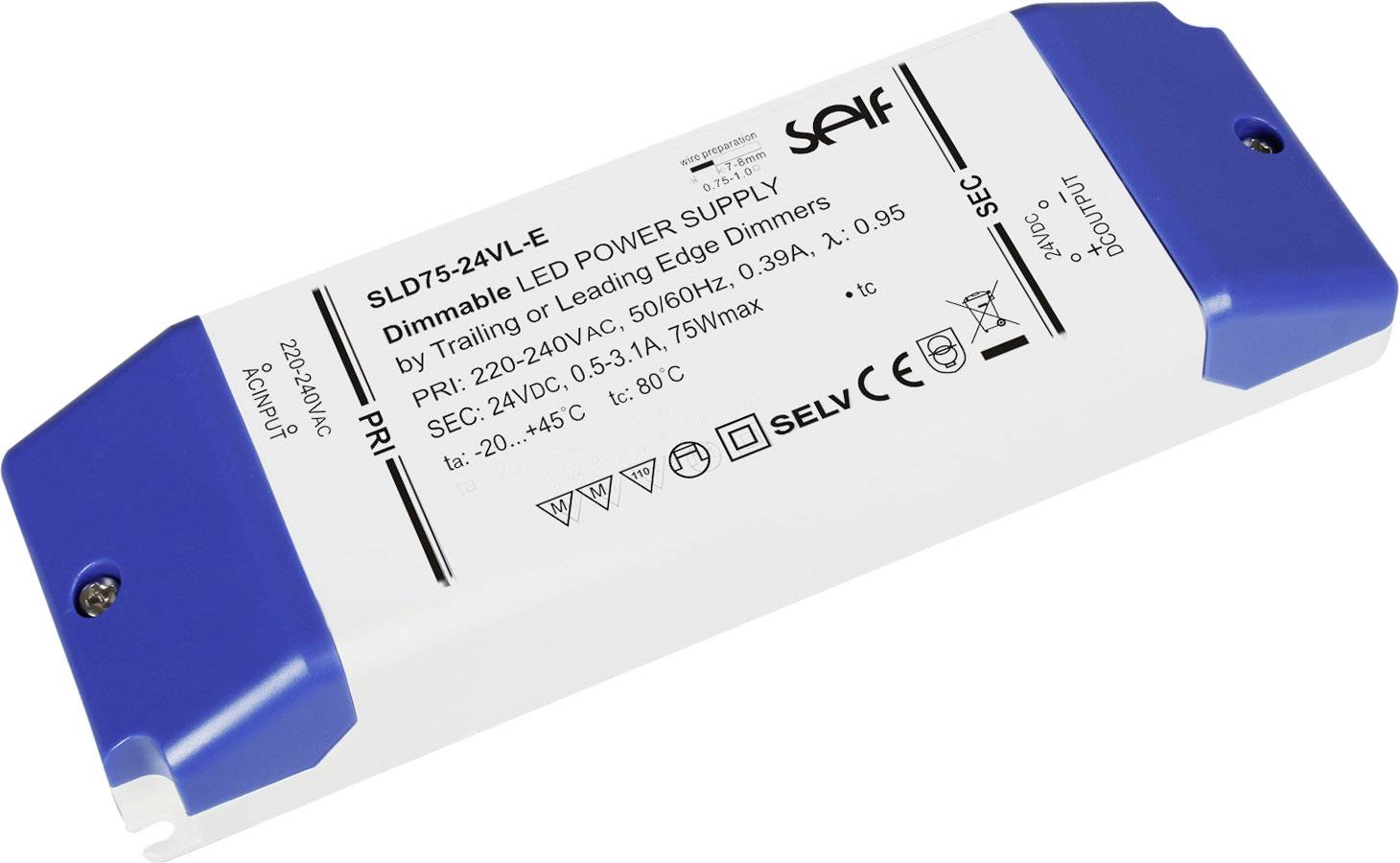 LED-Netzteil, rechteckig, blau-weiß. Beschriftet mit 'Dimmable LED Power Supply', Eingang: 220-240V, Ausgang: 24V.