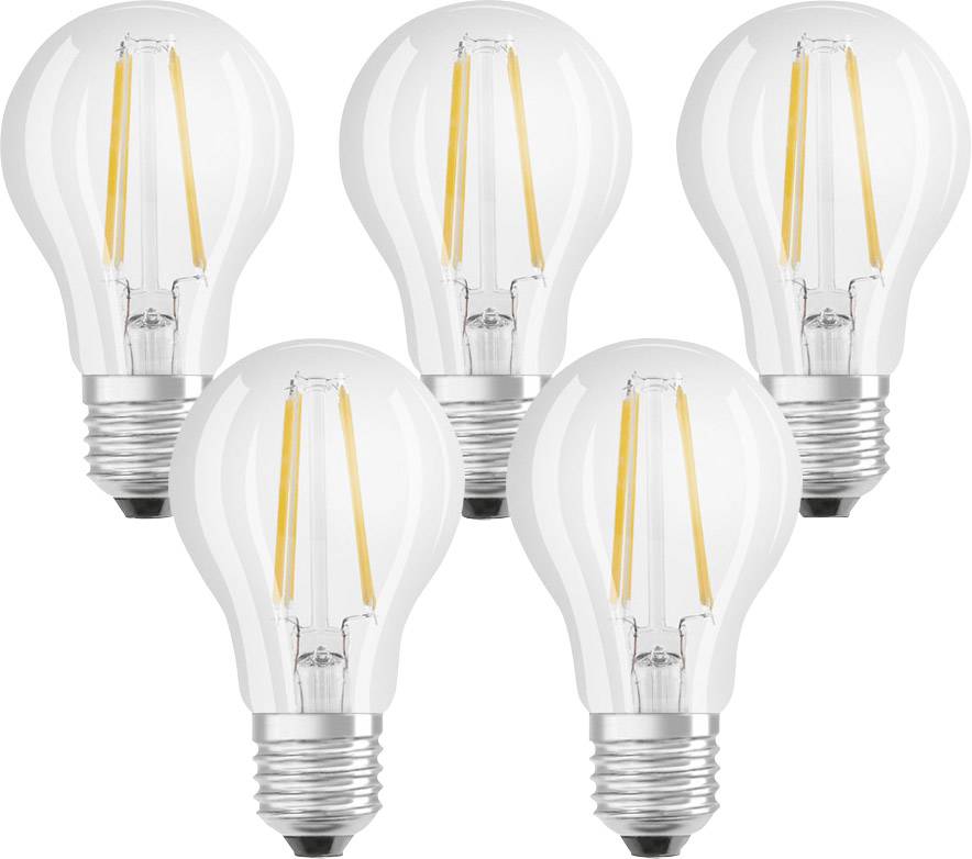 Fünf LED-Glühbirnen in klassischer Glühbirnenform mit sichtbaren Glühfäden auf weißem Hintergrund, symbolisieren Energieeffizienz.