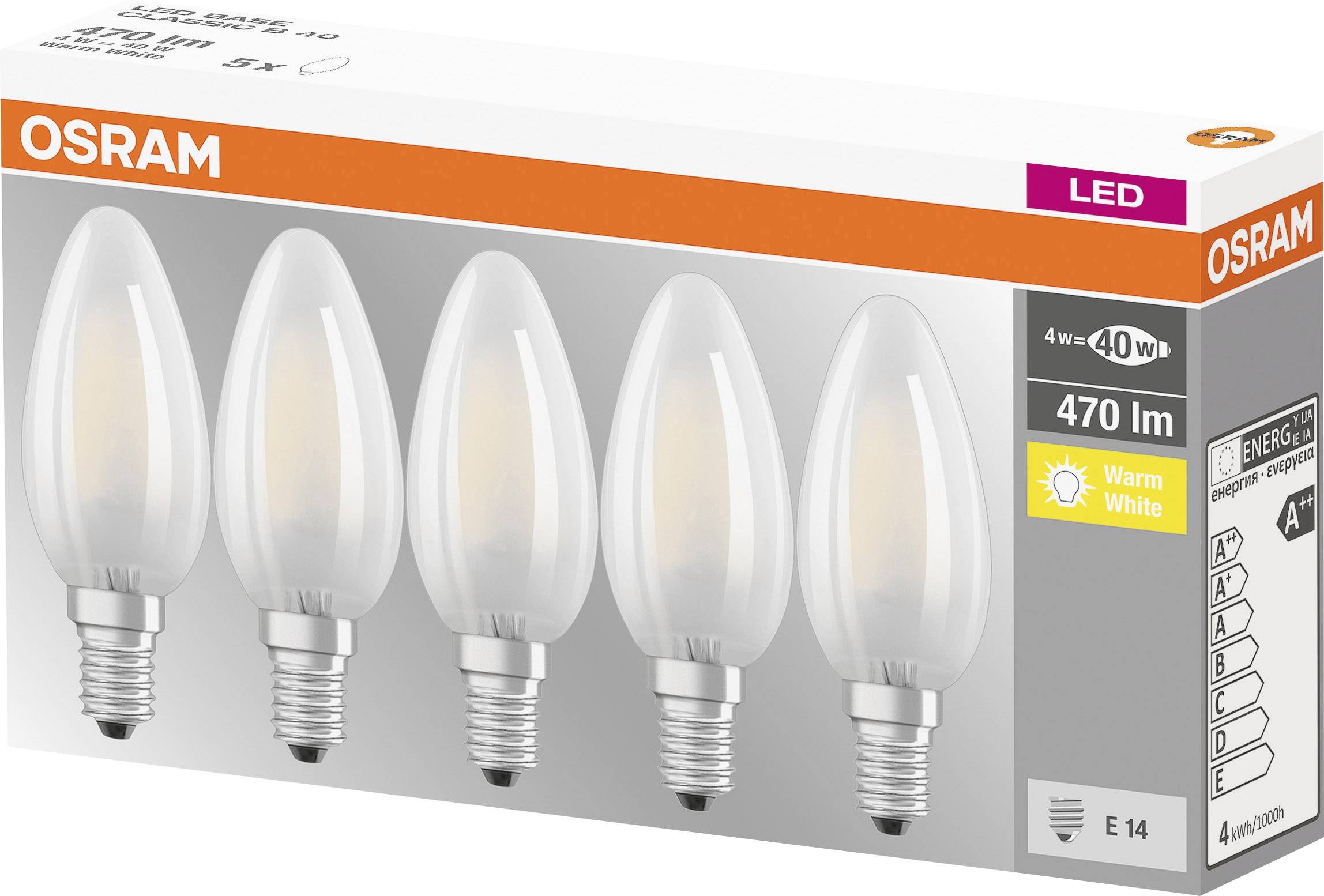OSRAM HOMELIGHTING 4058075090682 LED EEK E (A - G) E14 Kerzenform 4.2W = 40W Warmweiß (Ø x L) 35mm x 100mm Filament 5St.