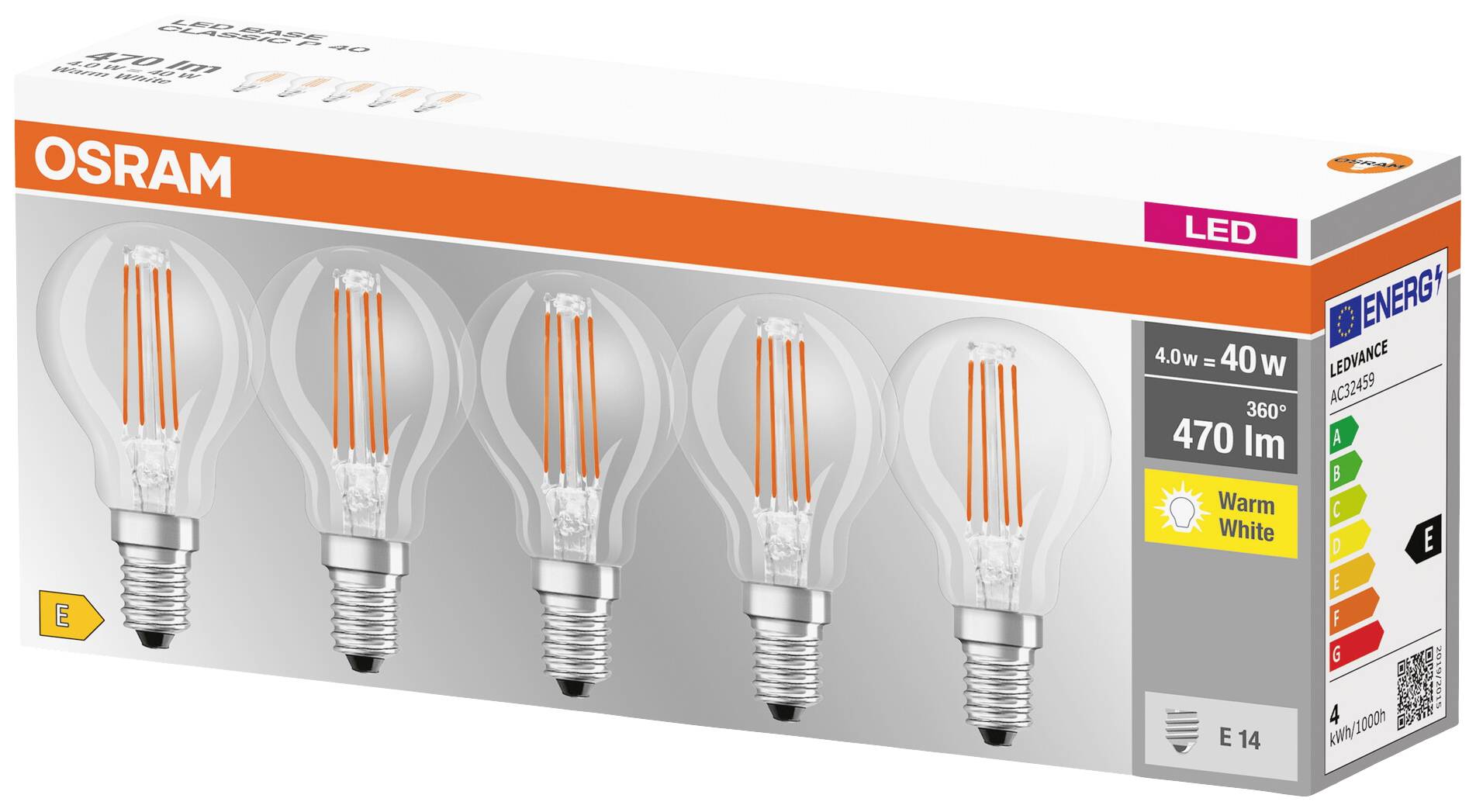 Eine Packung mit fünf OSRAM LED-Glühbirnen, 4W, 40W Äquivalent, 470 Lumen, warmweißes Licht, Energieeffizienzklasse E.