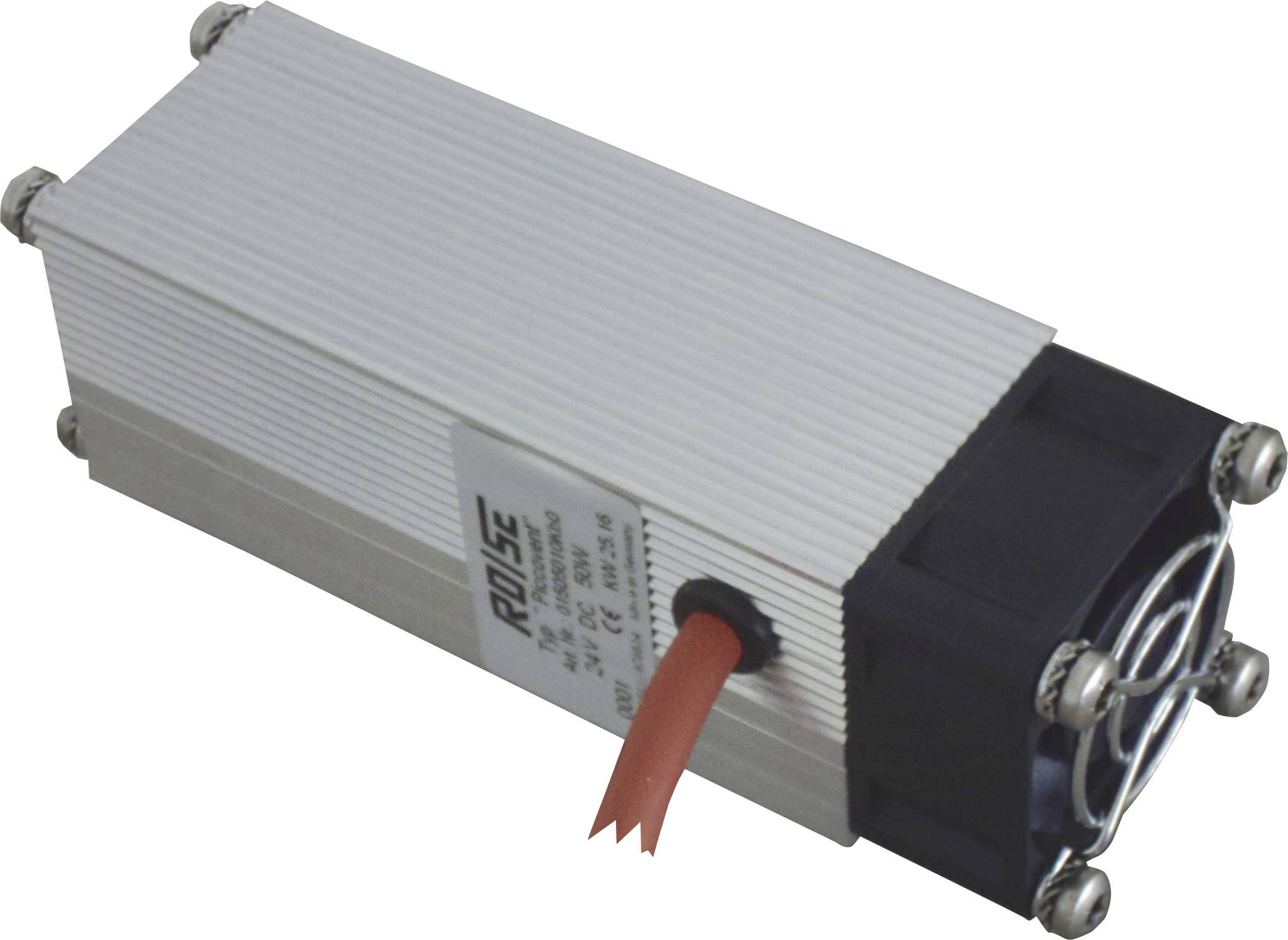 Ein rechteckiger elektronischer Kühlkörper mit Lüfter und Anschlusskabel, vermutlich zur Wärmeableitung in technischen Geräten.