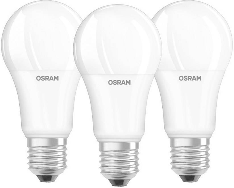 Drei weiße LED-Glühbirnen von OSRAM mit Standard-E27-Schraubsockel, nebeneinander angeordnet.