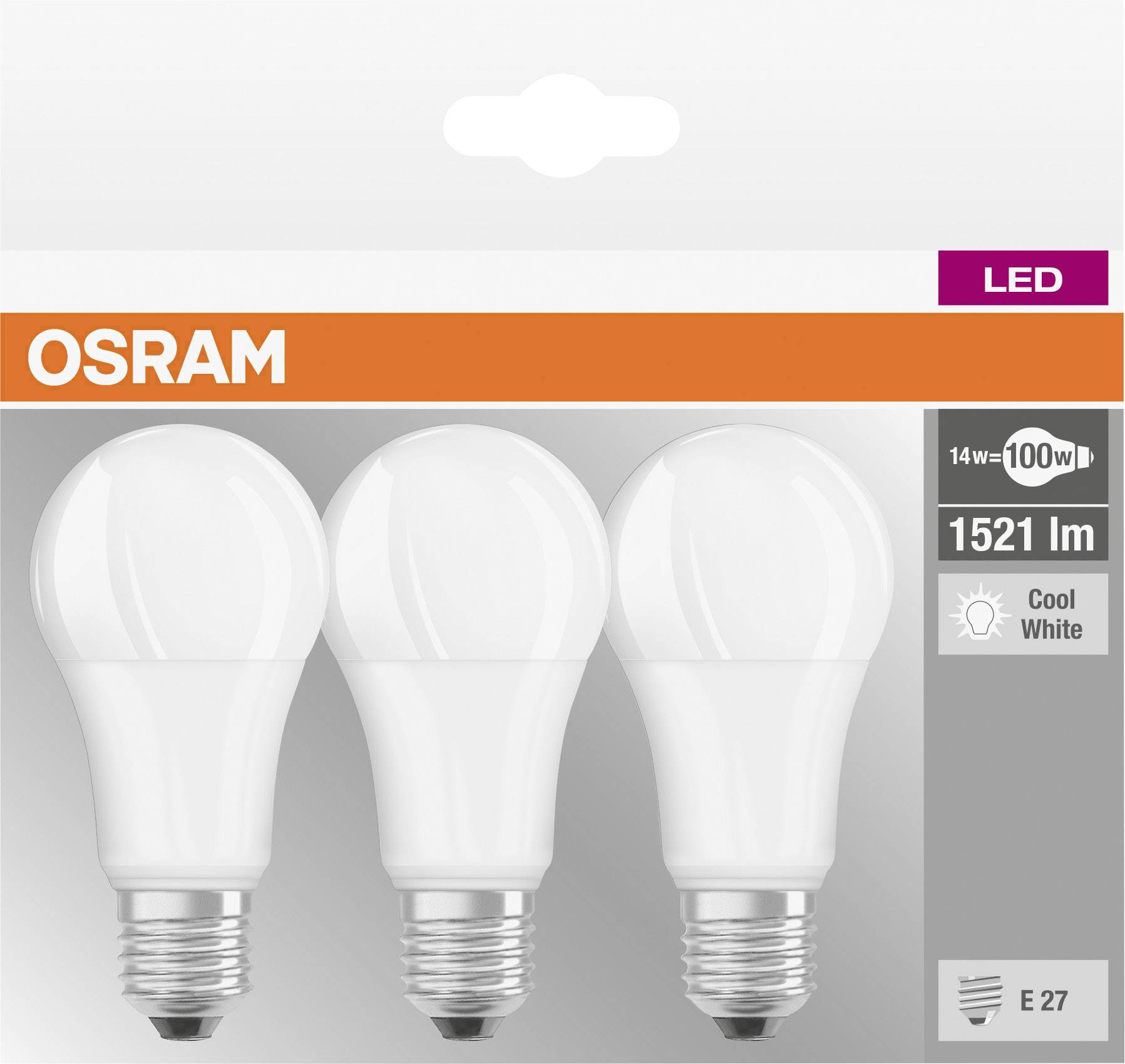 Drei weiße LED-Glühbirnen in einer Verpackung von 'OSRAM', 1521 lm, 14 W ersetzt 100 W, E27-Sockel, kühle weiße Lichtfarbe.