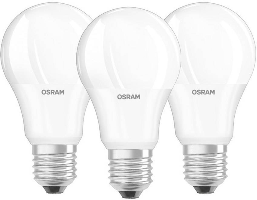 Drei weiße OSRAM LED-Glühbirnen mit E27-Fassungen nebeneinander, energiesparend und lange Lebensdauer, geeignet für Innenbeleuchtung.