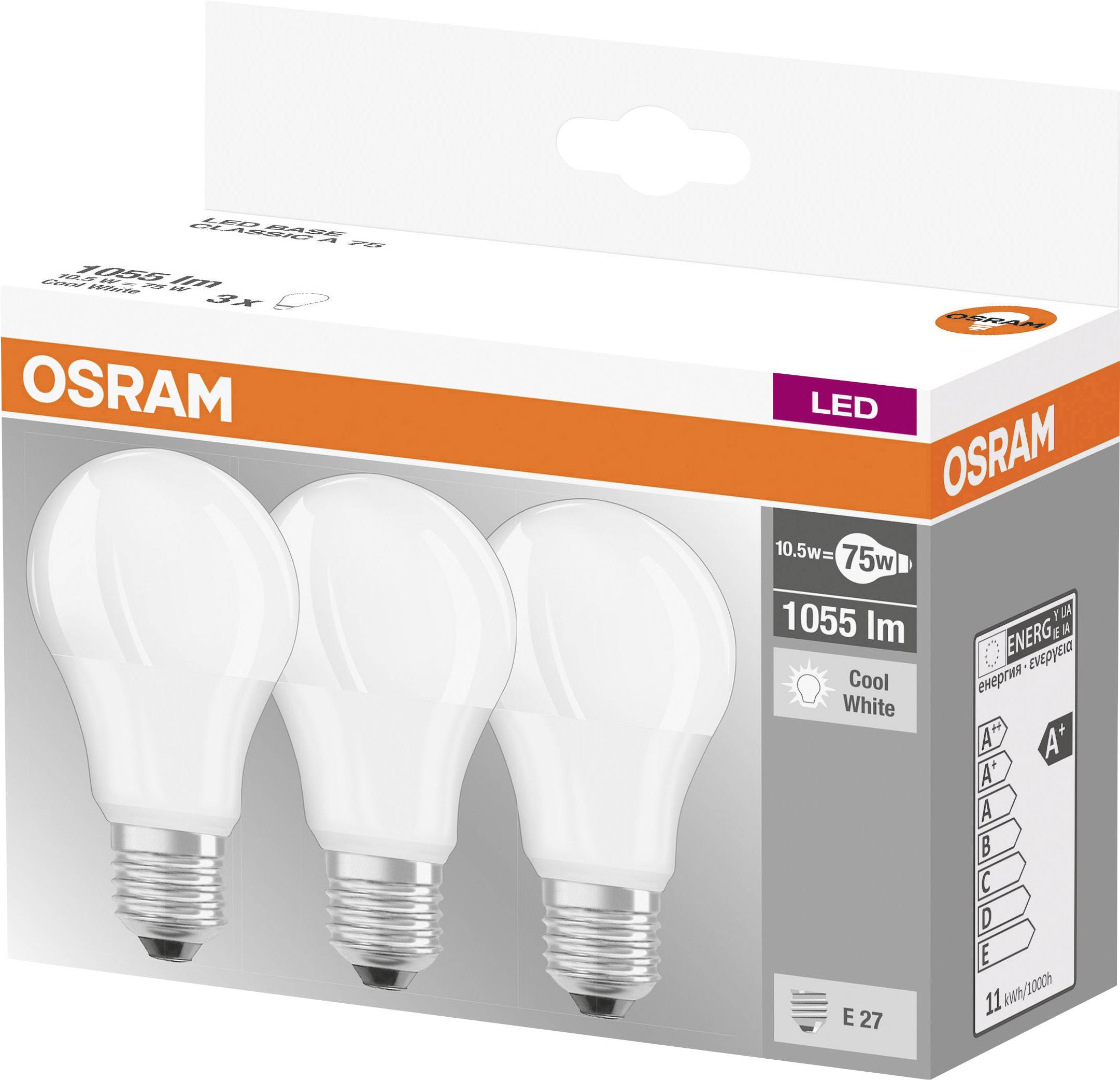 LED-Glühbirnen 10,5W von OSRAM im 3er-Pack, Fassung E27, 1055 lm, Energieklasse A+, kühle weiße Lichtfarbe, 75W ersetzt.