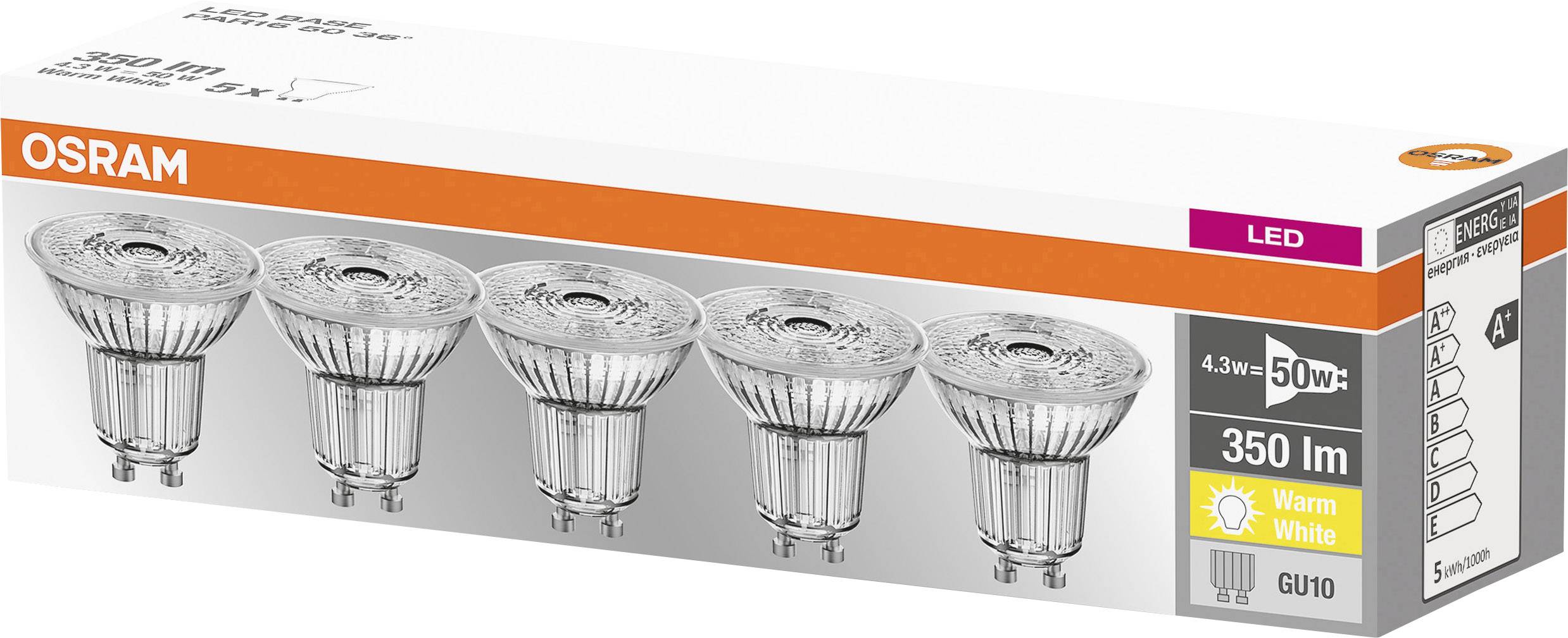OSRAM HOMELIGHTING 4058075090460 LED EEK F (A - G) GU10 Reflektor 4.3W = 50W Warmweiß (Ø x L) 50mm x 52mm 5St.