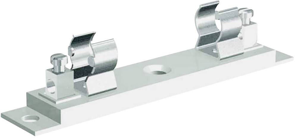 Eine metallene Halterung mit zwei Klemmen zur Befestigung von Sicherungen. An einer rechteckigen Basis montiert, geeignet für elektrische Anwendungen.