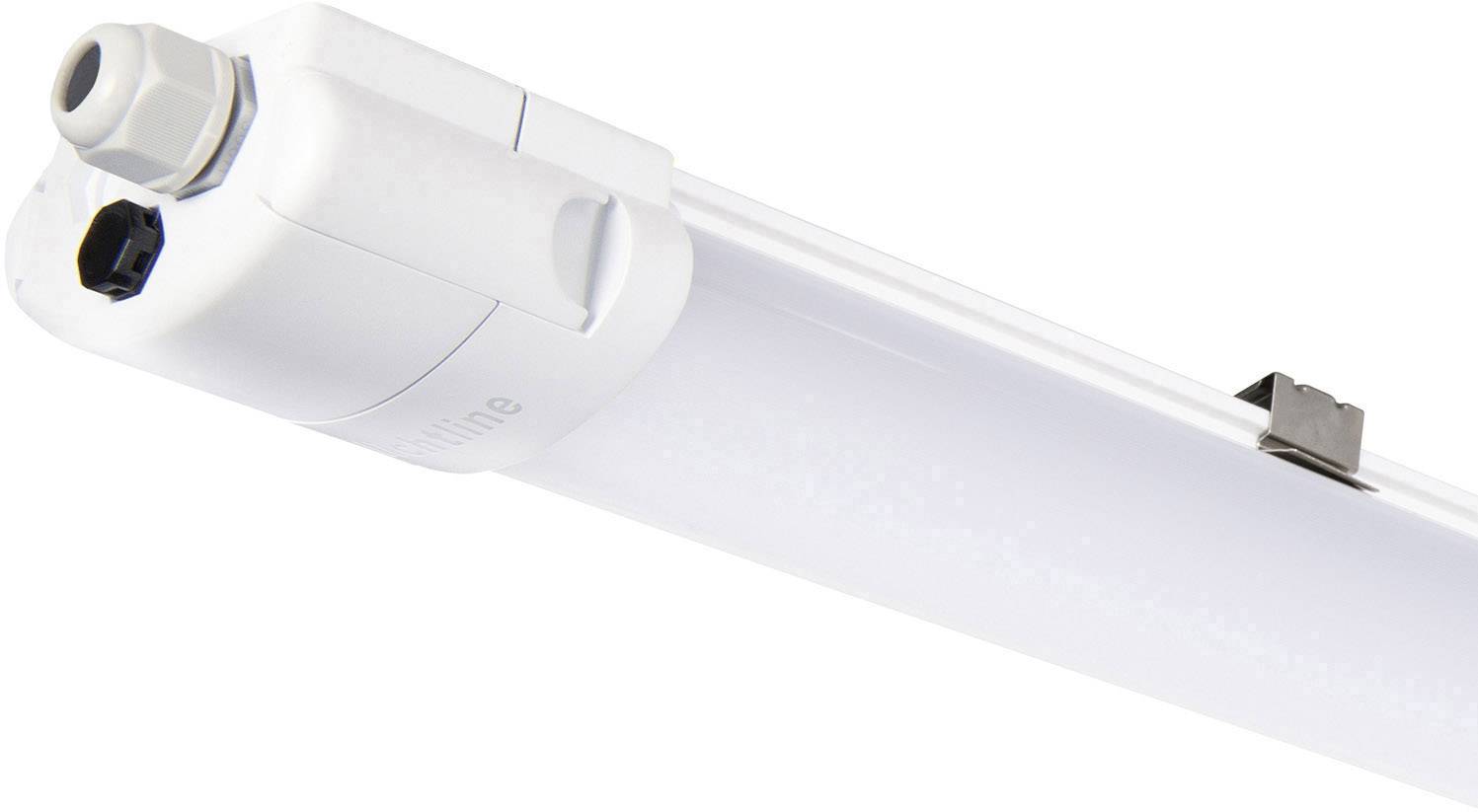 Eine weiße LED-Röhre mit montierter Halterung und elektrischen Anschlüssen an der linken Seite.