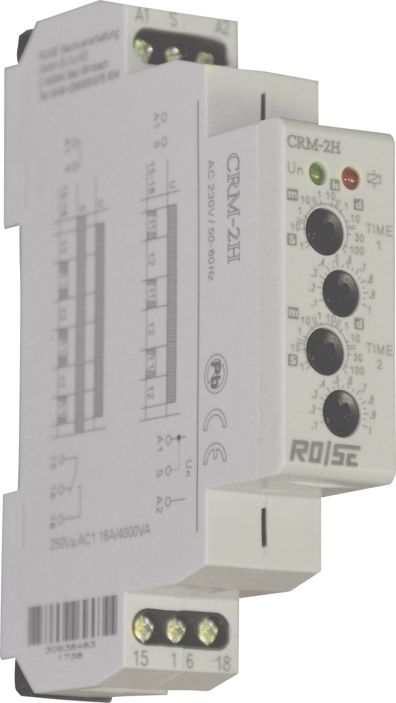 Elektronisches Zeitrelais CRM-2H mit Drehreglern für verschiedene Zeiteinstellungen. Geeignet für Montage auf DIN-Schiene.