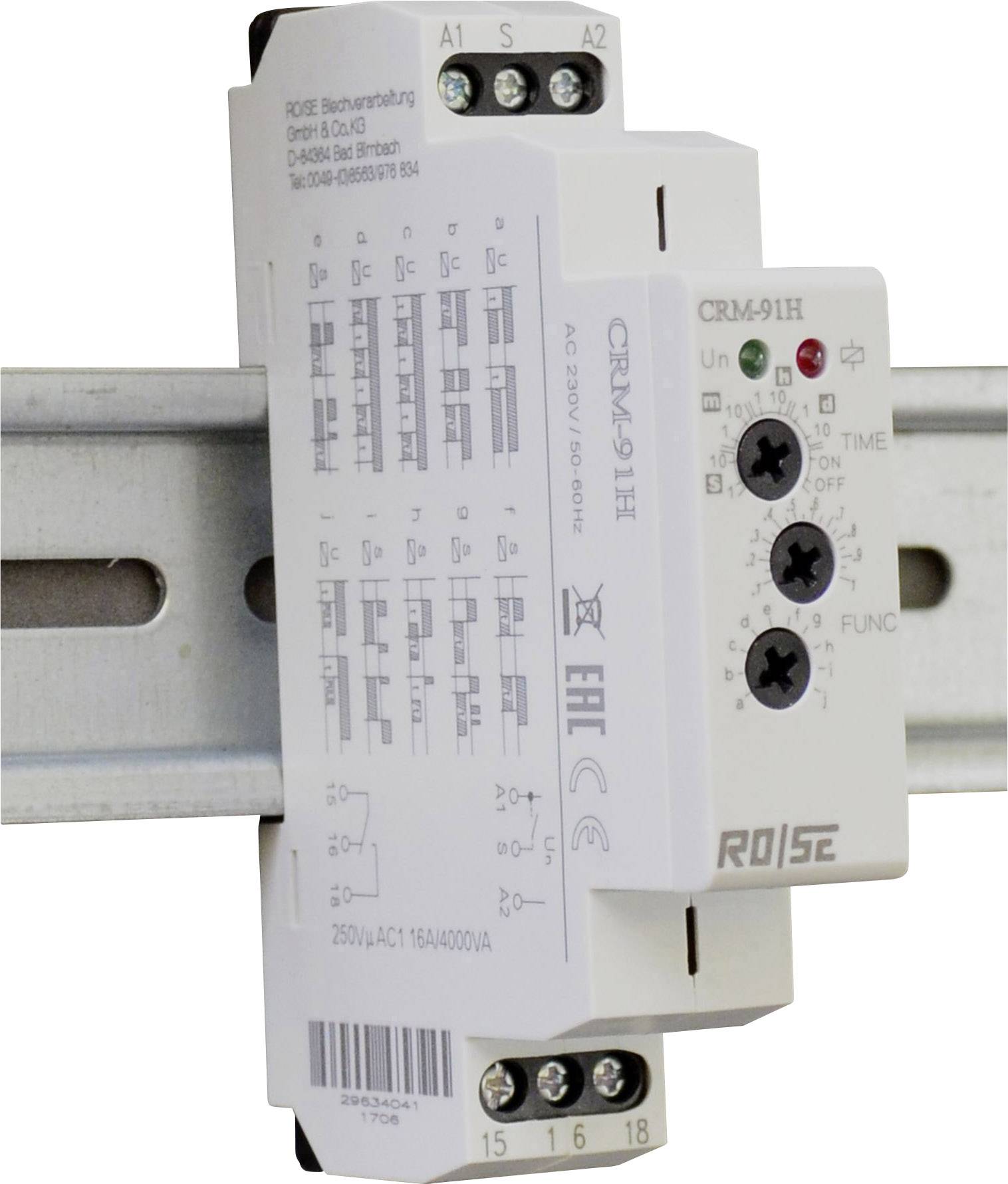 Ein Relaismodul auf einer DIN-Schiene montiert, zeigt elektrische Schaltpläne und technische Details. Modellnummer: CRM-91H.