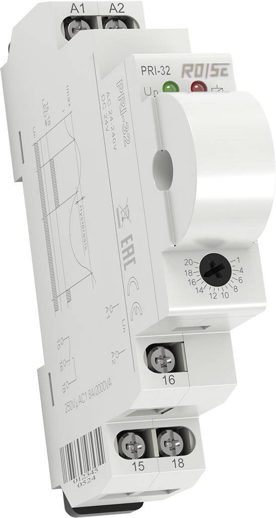 'PRi-32' Stromüberwachungsrelais zur Überwachung von elektrischen Strömen, montierbar auf Hutschiene, mit einstellbarem Regler.