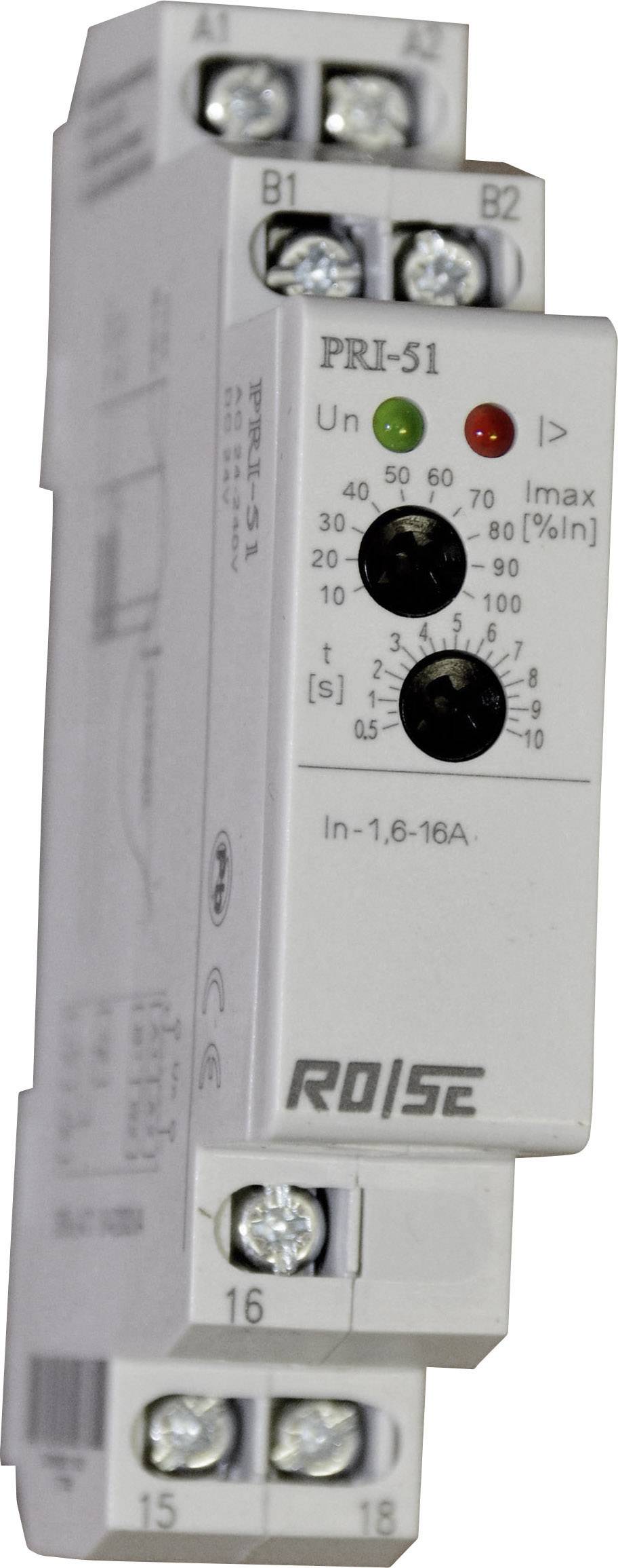 Ein dreiphasiges Stromrelais mit den Anschlüssen B1, B2, 16 und 15. Es zeigt grüne und rote LEDs und eine Skala von 40 bis 100 Prozent.
