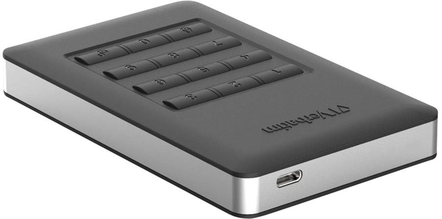 Externe Festplatte mit Tasten für Passwortschutz auf der Oberseite, schwarz-silbernes Design, zeigt USB-Anschluss an der Seite.