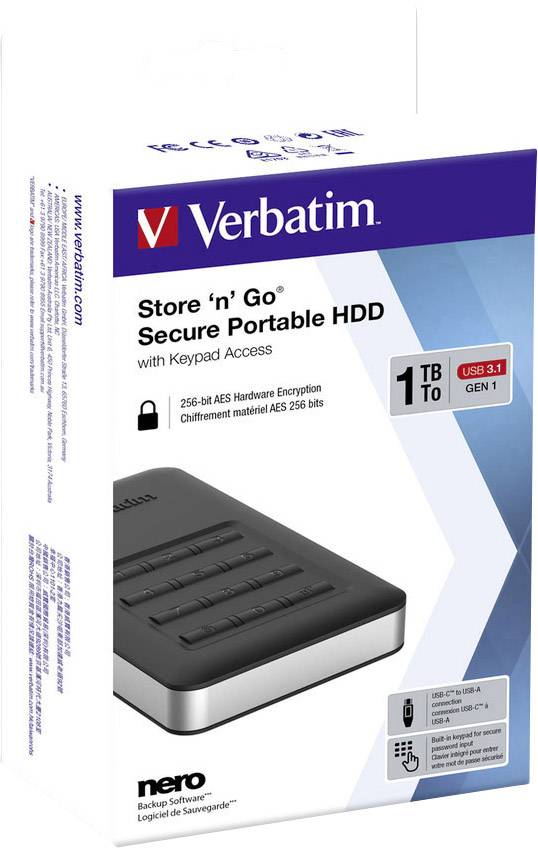 Externe Festplatte Verbatim 'Store 'n' Go' mit 1 TB Speicher, USB 3.1, hardwareverschlüsselt mit 256-Bit AES, Verpackungsabbildung.