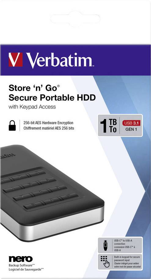 Verpackung eines Verbatim Store 'n' Go externen Festplatte mit 1 TB Speicher, USB 3.1-Anschluss und Tastenfeld für sichere Zugangskontrolle.