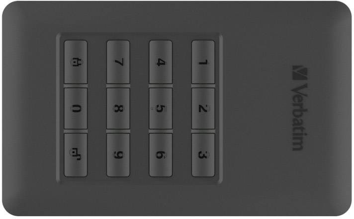 Schwarzes Gerät mit Zifferntastenblock von 0 bis 9 und 'Verbatim'-Logo rechts. Es handelt sich wahrscheinlich um ein Sicherheitsschloss oder ein tragbares Gerät mit Passwortschutz.
